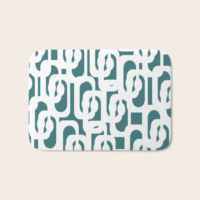 Mid Century Modern Loops Contemporary Abstract Pattern in White and Deep Teal Bath Mat Gallery Image 1