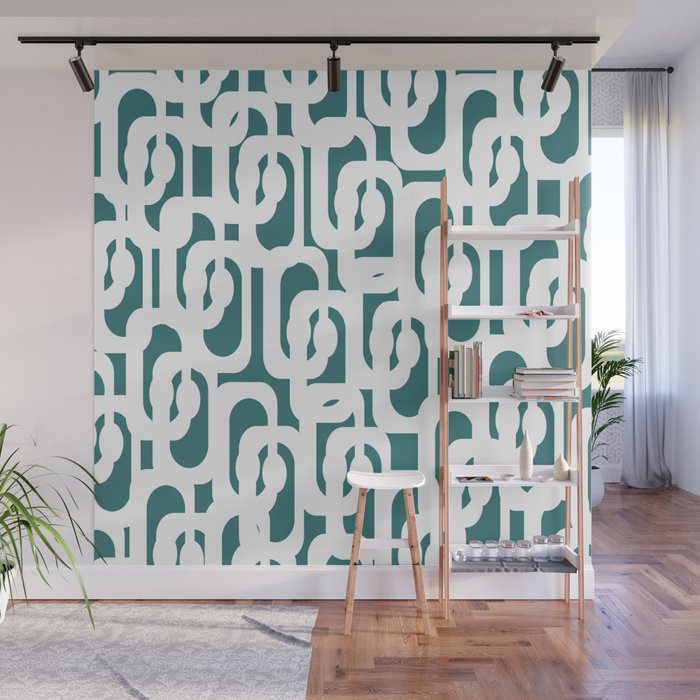 Mid Century Modern Loops Contemporary Abstract Pattern in White and Deep Teal Wall Mural Gallery Image 1