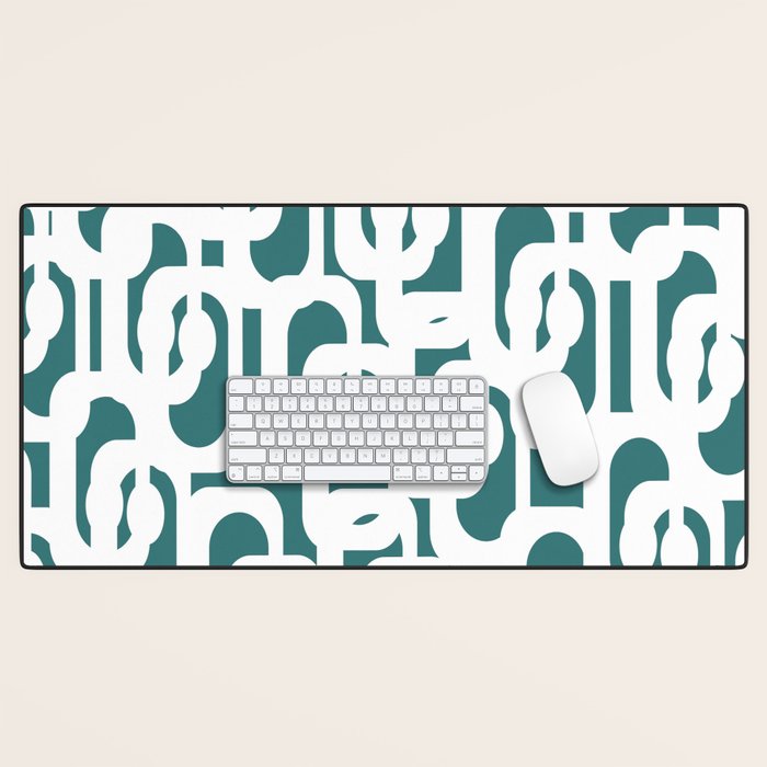 Mid Century Modern Loops Contemporary Abstract Pattern in White and Deep Teal Desk Mat Gallery Image 1