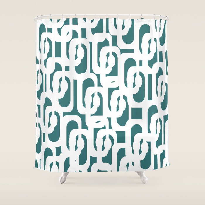 Mid Century Modern Loops Contemporary Abstract Pattern in White and Deep Teal Shower Curtain Gallery Image 1
