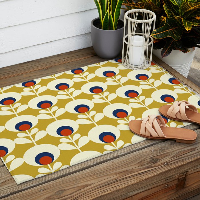 Flowers geometry mustard - retro pattern no3 Outdoor Rug Gallery Image 2
