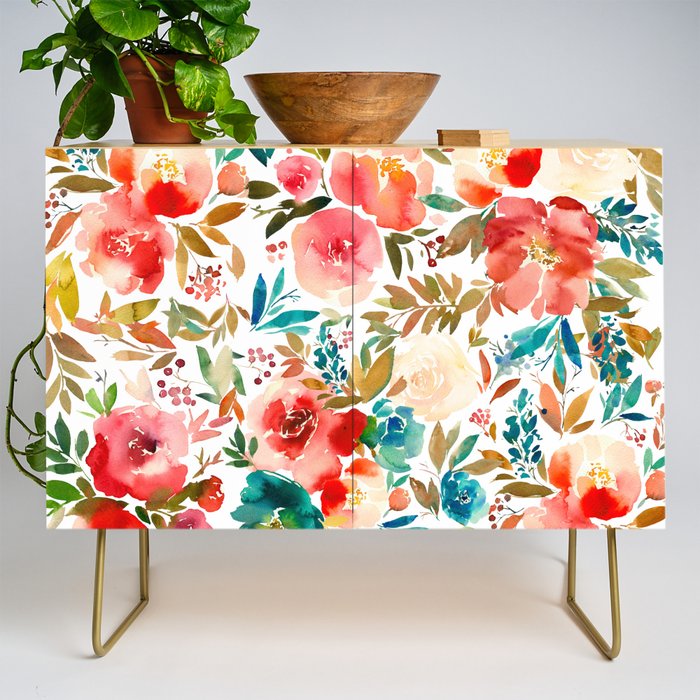 Red Turquoise Teal Floral Watercolor Credenza Gallery Image 1