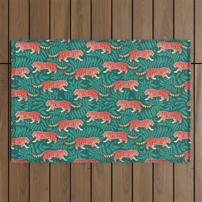 Tigers - pink, red, and jungle green Outdoor Rug Gallery Image 1