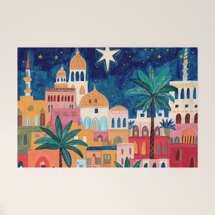Oriental city under a starry sky in bright colours Welcome Mat Gallery Image 1