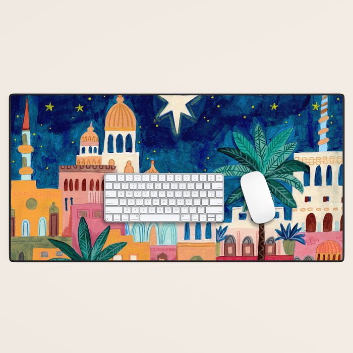 Oriental city under a starry sky in bright colours Desk Mat Gallery Image 1