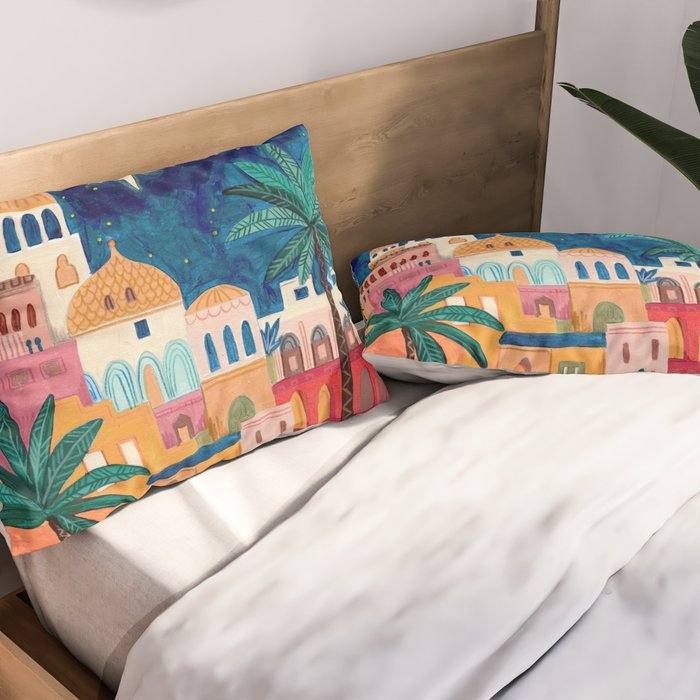 Oriental city under a starry sky in bright colours Pillow Sham Gallery Image 2