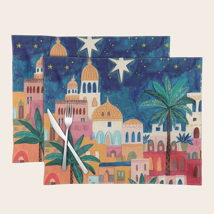 Oriental city under a starry sky in bright colours Placemat Gallery Image 1