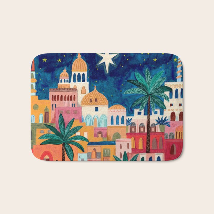 Oriental city under a starry sky in bright colours Bath Mat Gallery Image 1