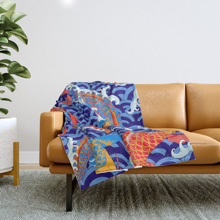 Koi fish / japanese tattoo style pattern Throw Blanket Gallery Image 1