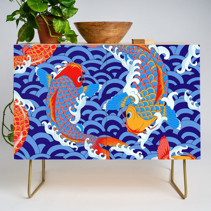 Koi fish / japanese tattoo style pattern Credenza Gallery Image 1