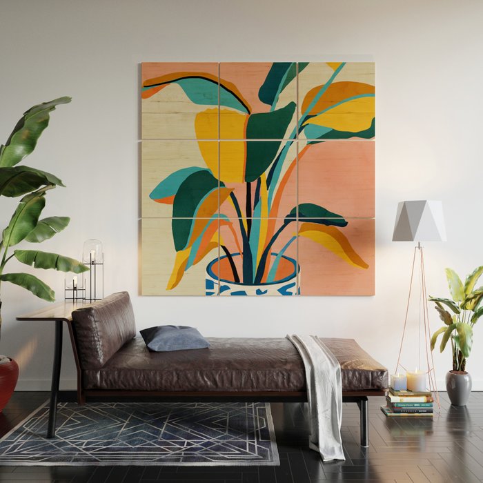 Nature Doesn't Hurry Yet All Is Accomplished, Colorful Botanical Plant Pot Illustration Tropical Wood Wall Art Gallery Image 2