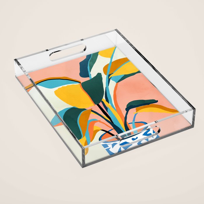 Nature Doesn't Hurry Yet All Is Accomplished, Colorful Botanical Plant Pot Illustration Tropical Acrylic Tray Gallery Image 1