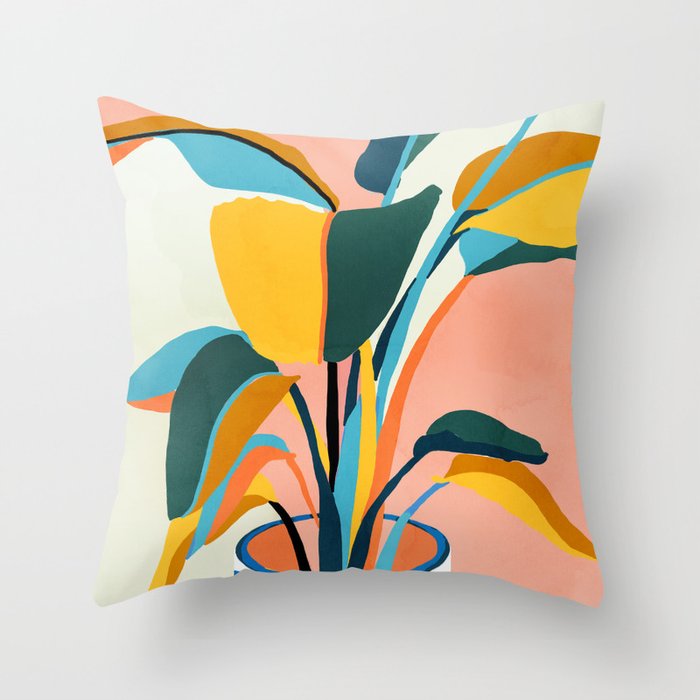 Nature Doesn't Hurry Yet All Is Accomplished, Colorful Botanical Plant Pot Illustration Tropical Throw Pillow Gallery Image 6