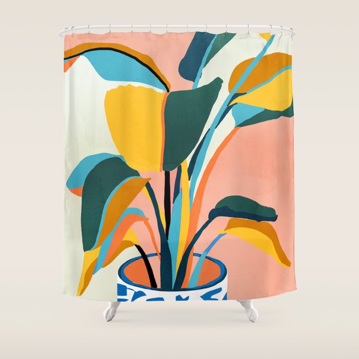 Nature Doesn't Hurry Yet All Is Accomplished, Colorful Botanical Plant Pot Illustration Tropical Shower Curtain Gallery Image 1