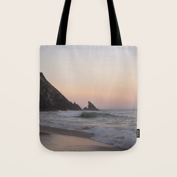 Pastel orange sunrise at Praia da Adraga in Portugal - summer coastal travel photography Tote Bag Gallery Image 1