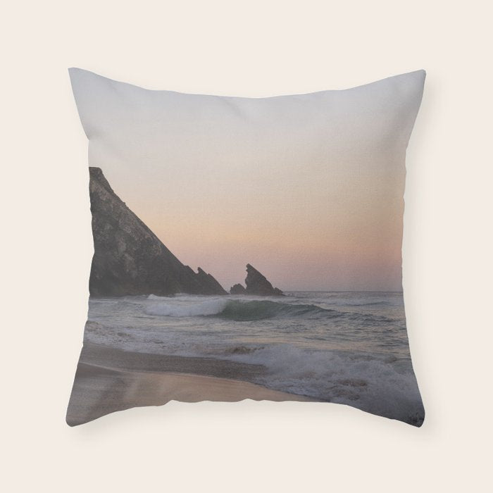 Pastel orange sunrise at Praia da Adraga in Portugal - summer coastal travel photography Throw Pillow Gallery Image 1