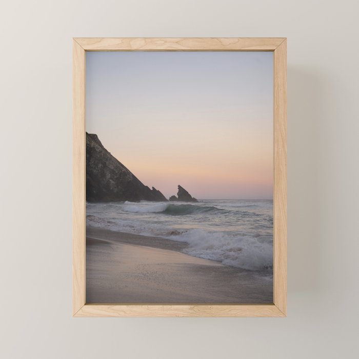 Pastel orange sunrise at Praia da Adraga in Portugal - summer coastal travel photography Mini Art Print Gallery Image 1