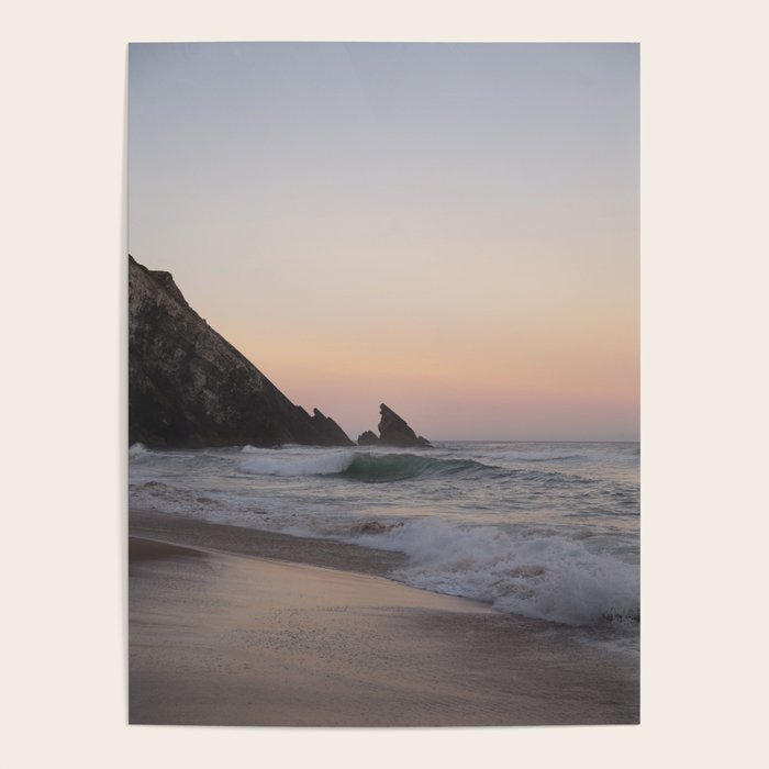 Pastel orange sunrise at Praia da Adraga in Portugal - summer coastal travel photography Poster Gallery Image 4