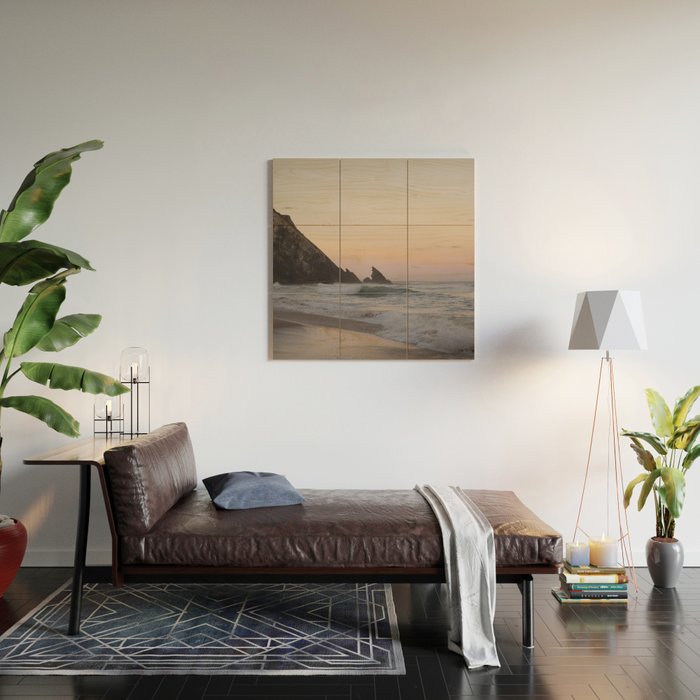 Pastel orange sunrise at Praia da Adraga in Portugal - summer coastal travel photography Wood Wall Art Gallery Image 2