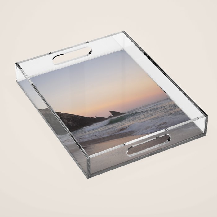 Pastel orange sunrise at Praia da Adraga in Portugal - summer coastal travel photography Acrylic Tray Gallery Image 1
