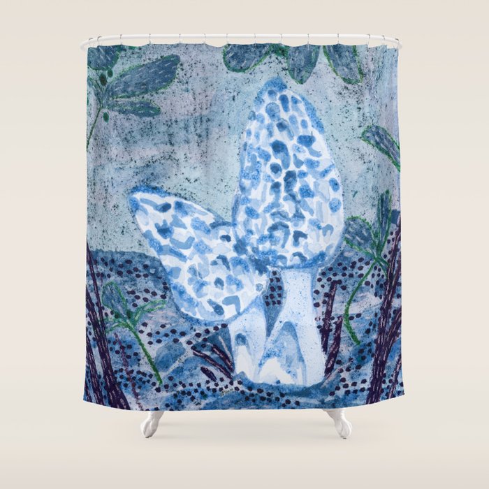 Little Morel Mushrooms in Blue Night Shower Curtain Gallery Image 1