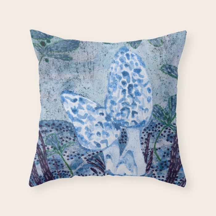 Little Morel Mushrooms in Blue Night Throw Pillow Gallery Image 1
