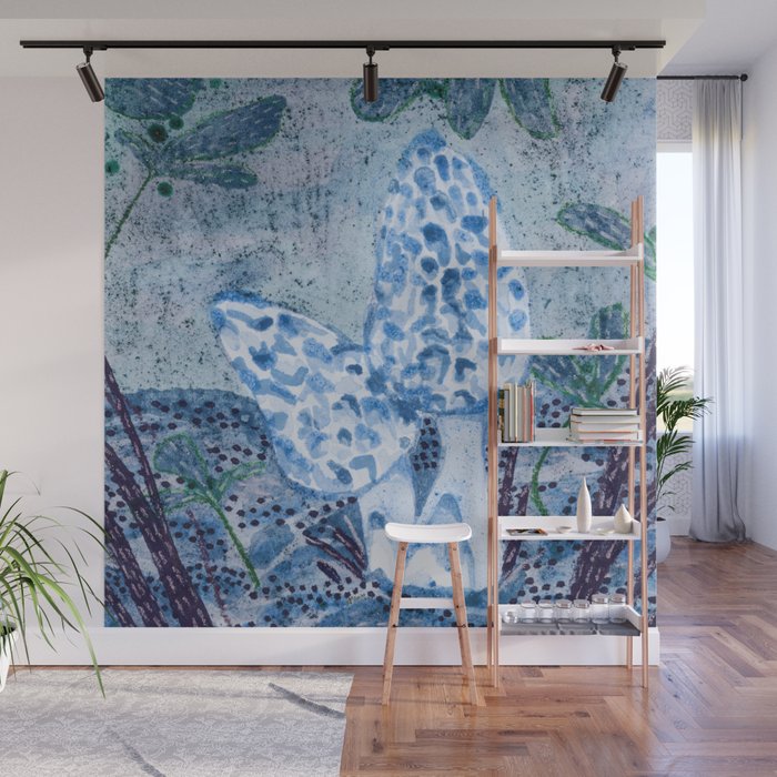 Little Morel Mushrooms in Blue Night Wall Mural Gallery Image 1