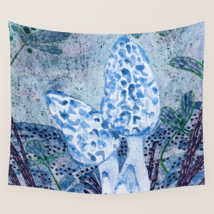 Little Morel Mushrooms in Blue Night Wall Tapestry Gallery Image 1