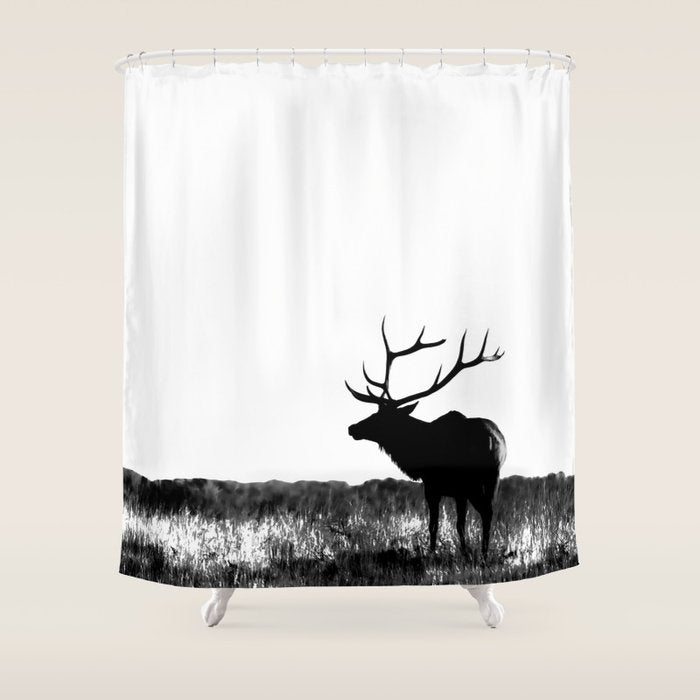Elk Silhouette  Black and White  Shower Curtain Gallery Image 1