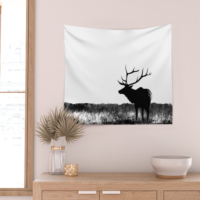 Elk Silhouette  Black and White  Wall Tapestry Gallery Image 2