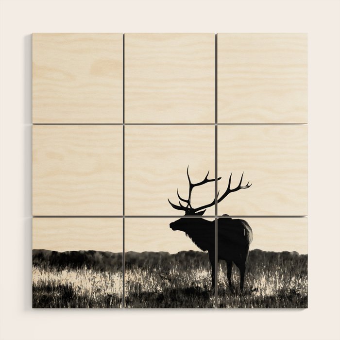 Elk Silhouette  Black and White  Wood Wall Art Gallery Image 1