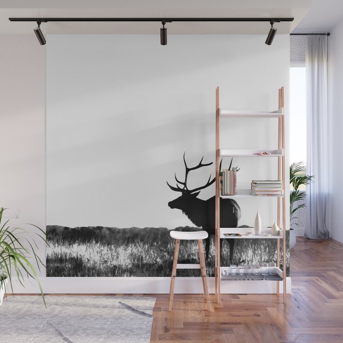 Elk Silhouette  Black and White  Wall Mural Gallery Image 1
