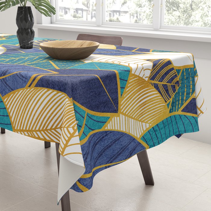 Leaf wall // navy blue royal blue and teal leaves golden lines Tablecloth Gallery Image 3