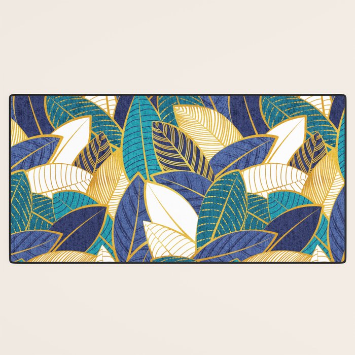 Leaf wall // navy blue royal blue and teal leaves golden lines Desk Mat Gallery Image 3