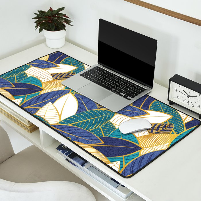 Leaf wall // navy blue royal blue and teal leaves golden lines Desk Mat Gallery Image 2