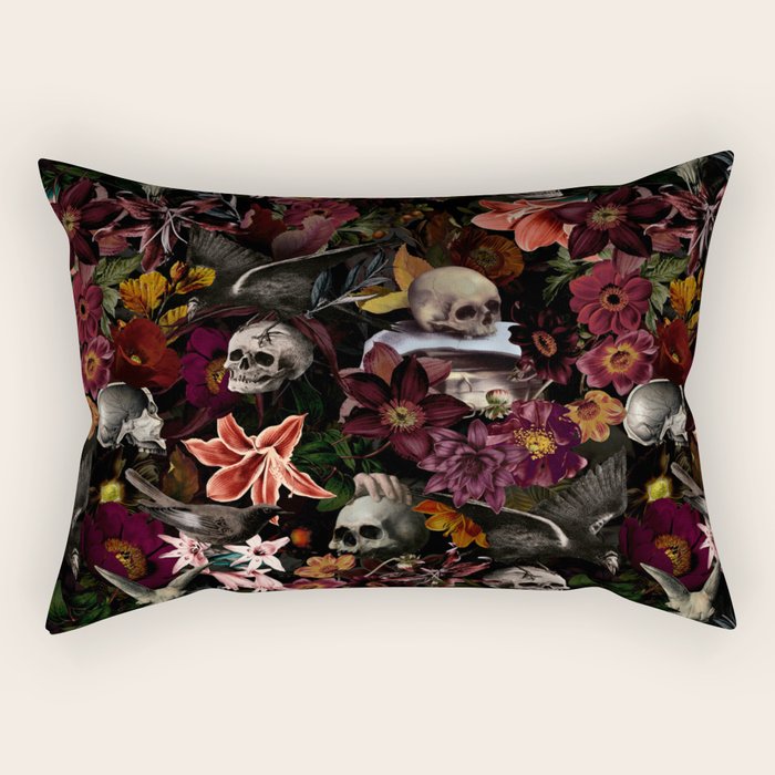 Gothic Night Skulls Flower Botanical Midnight Garden Rectangular Pillow Gallery Image 2