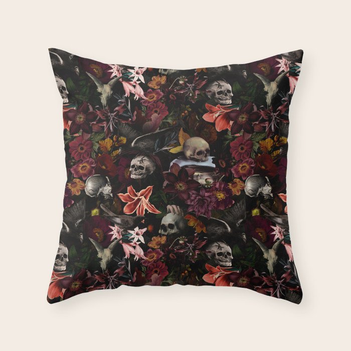 Gothic Night Skulls Flower Botanical Midnight Garden Throw Pillow Gallery Image 6