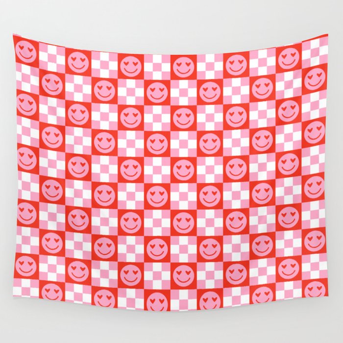 Retro love heart face checkered pattern Wall Tapestry Gallery Image 4