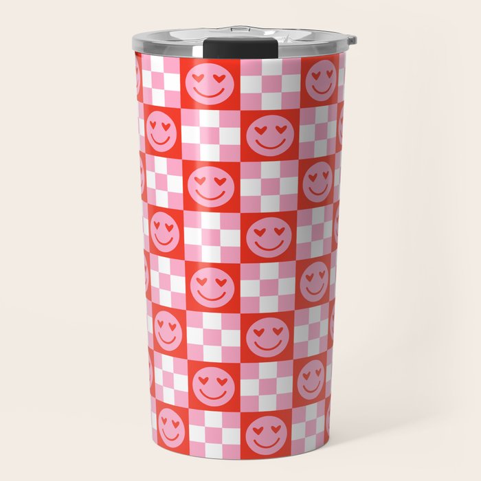 Retro love heart face checkered pattern Travel Mug Gallery Image 1