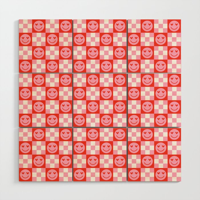 Retro love heart face checkered pattern Wood Wall Art Gallery Image 1