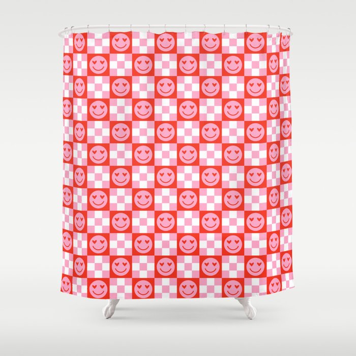 Retro love heart face checkered pattern Shower Curtain Gallery Image 1