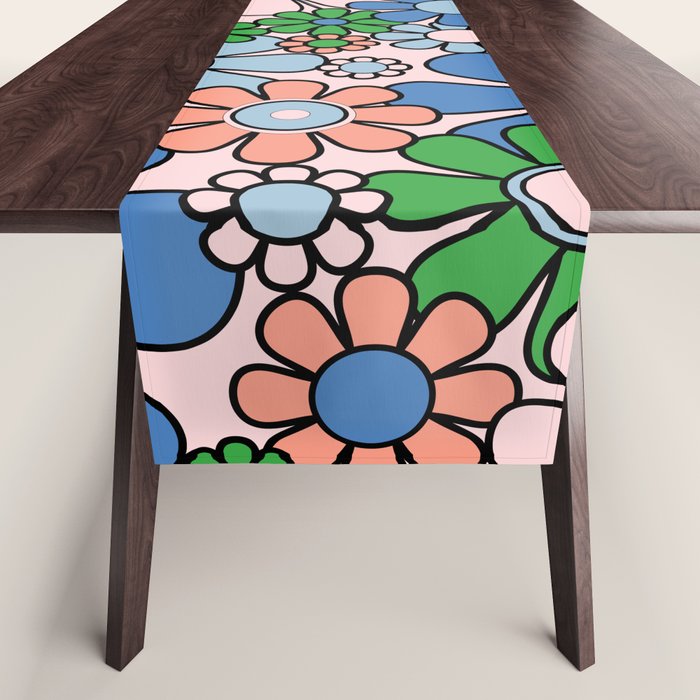 Retro Garden Flowers Groovy Multicolor 60s 70s Floral Pattern Blue Pink Green Table Runner Gallery Image 1