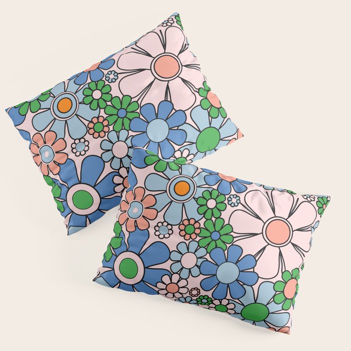 Retro Garden Flowers Groovy Multicolor 60s 70s Floral Pattern Blue Pink Green Pillow Sham Gallery Image 1