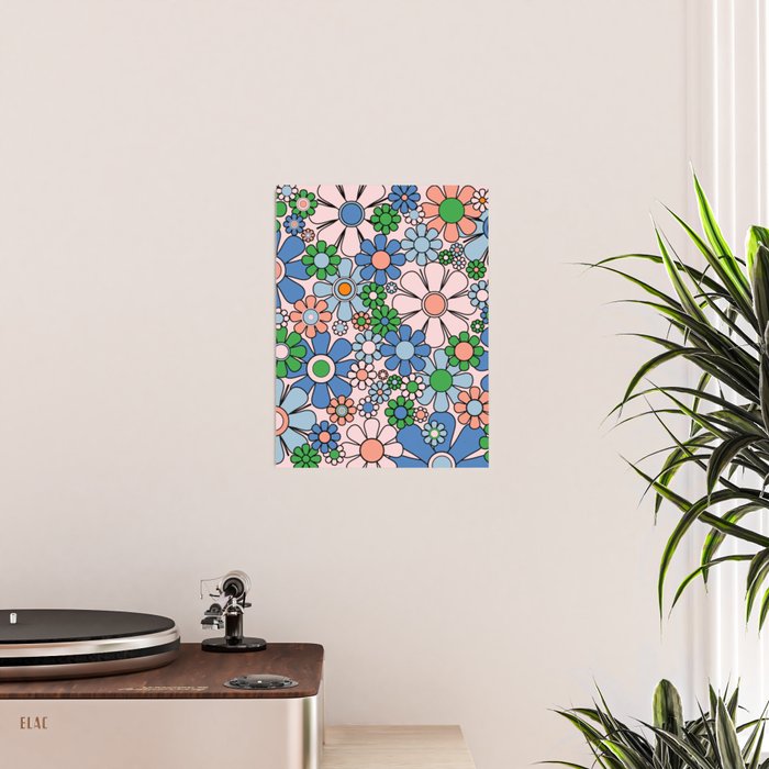 Retro Garden Flowers Groovy Multicolor 60s 70s Floral Pattern Blue Pink Green Poster Gallery Image 2