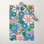 Retro Garden Flowers Groovy Multicolor 60s 70s Floral Pattern Blue Pink Green Wrapping Paper Gallery Image 1