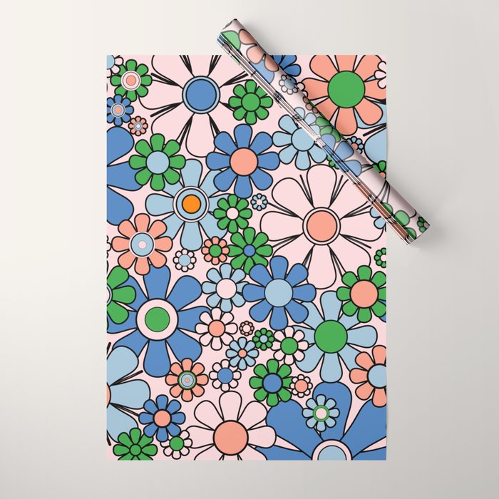 Retro Garden Flowers Groovy Multicolor 60s 70s Floral Pattern Blue Pink Green Wrapping Paper Gallery Image 1