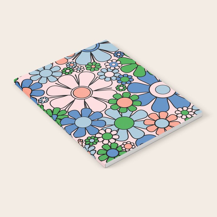 Retro Garden Flowers Groovy Multicolor 60s 70s Floral Pattern Blue Pink Green Notebook Gallery Image 2