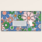 Retro Garden Flowers Groovy Multicolor 60s 70s Floral Pattern Blue Pink Green Desk Mat Gallery Image 1