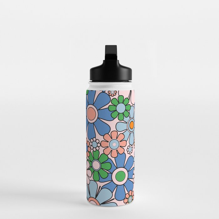 Retro Garden Flowers Groovy Multicolor 60s 70s Floral Pattern Blue Pink Green Water Bottle Gallery Image 3