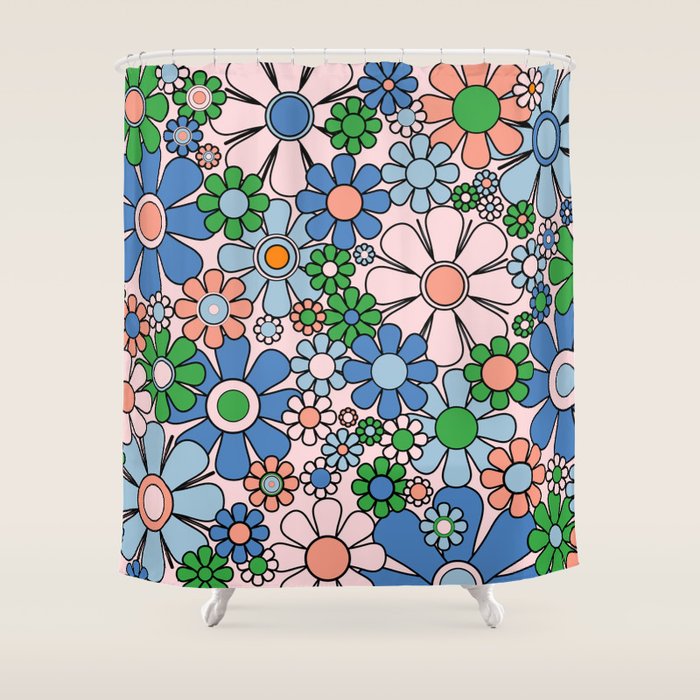 Retro Garden Flowers Groovy Multicolor 60s 70s Floral Pattern Blue Pink Green Shower Curtain Gallery Image 1